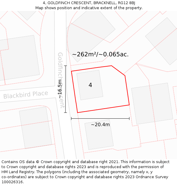 4, GOLDFINCH CRESCENT, BRACKNELL, RG12 8BJ: Plot and title map