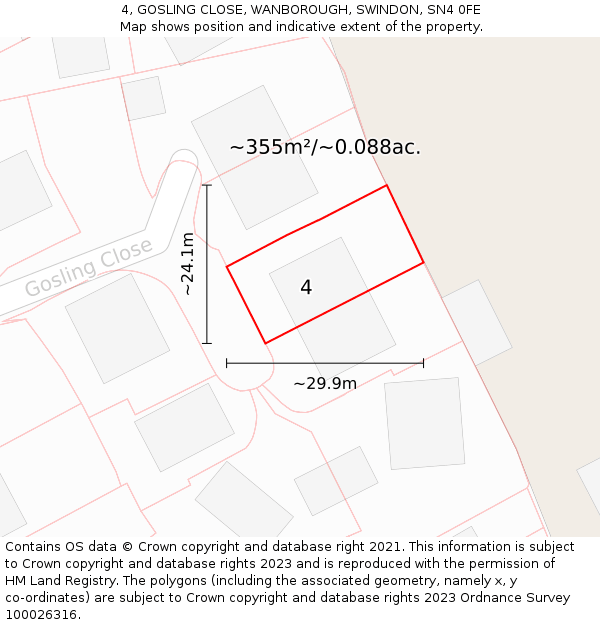 4, GOSLING CLOSE, WANBOROUGH, SWINDON, SN4 0FE: Plot and title map