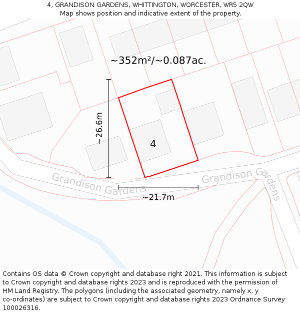 4, GRANDISON GARDENS, WHITTINGTON, WORCESTER, WR5 2QW: Plot and title map