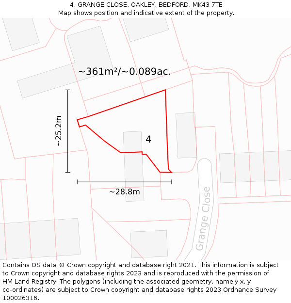 4, GRANGE CLOSE, OAKLEY, BEDFORD, MK43 7TE: Plot and title map