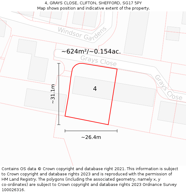 4, GRAYS CLOSE, CLIFTON, SHEFFORD, SG17 5PY: Plot and title map