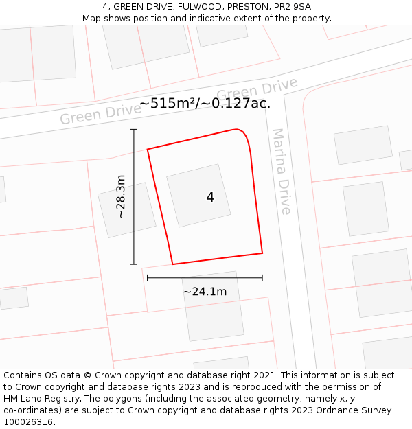 4, GREEN DRIVE, FULWOOD, PRESTON, PR2 9SA: Plot and title map