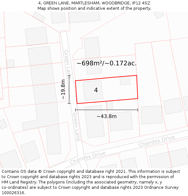 4, GREEN LANE, MARTLESHAM, WOODBRIDGE, IP12 4SZ: Plot and title map