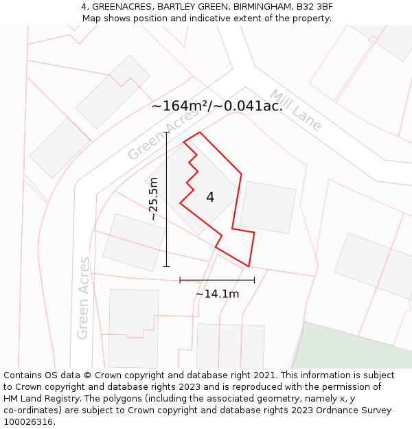 4, GREENACRES, BARTLEY GREEN, BIRMINGHAM, B32 3BF: Plot and title map