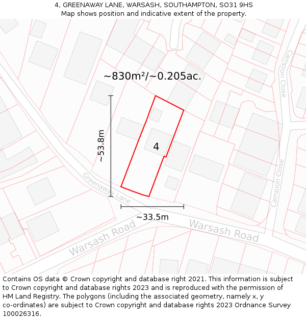 4, GREENAWAY LANE, WARSASH, SOUTHAMPTON, SO31 9HS: Plot and title map