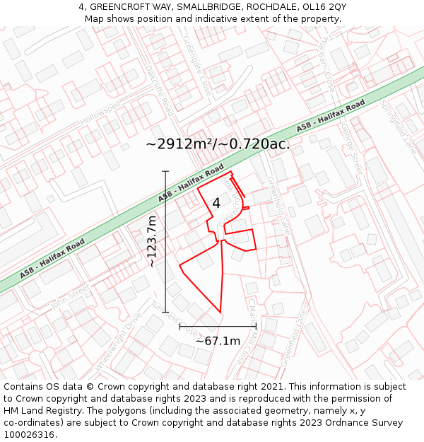 4, GREENCROFT WAY, SMALLBRIDGE, ROCHDALE, OL16 2QY: Plot and title map