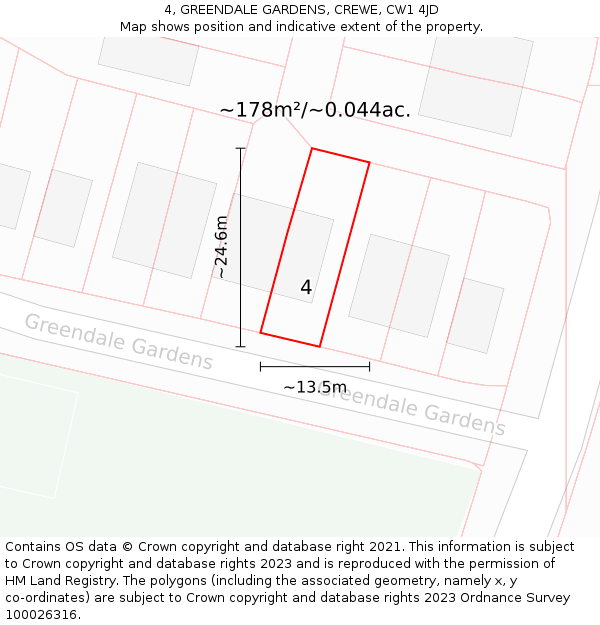 4, GREENDALE GARDENS, CREWE, CW1 4JD: Plot and title map