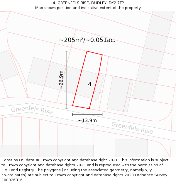 4, GREENFELS RISE, DUDLEY, DY2 7TP: Plot and title map