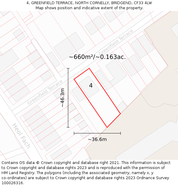 4, GREENFIELD TERRACE, NORTH CORNELLY, BRIDGEND, CF33 4LW: Plot and title map