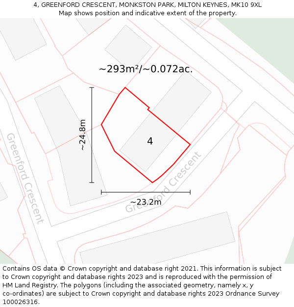 4, GREENFORD CRESCENT, MONKSTON PARK, MILTON KEYNES, MK10 9XL: Plot and title map