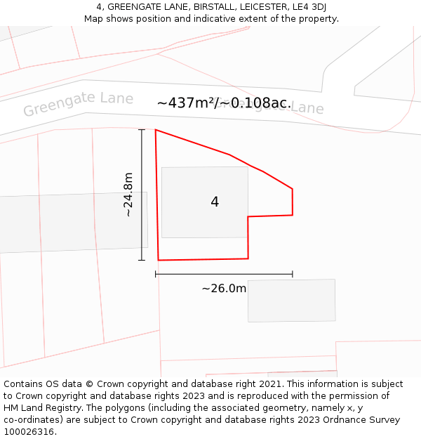 4, GREENGATE LANE, BIRSTALL, LEICESTER, LE4 3DJ: Plot and title map