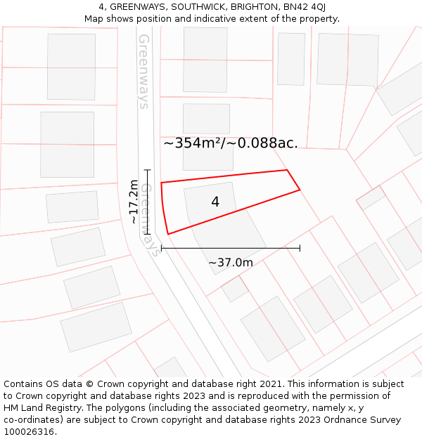 4, GREENWAYS, SOUTHWICK, BRIGHTON, BN42 4QJ: Plot and title map