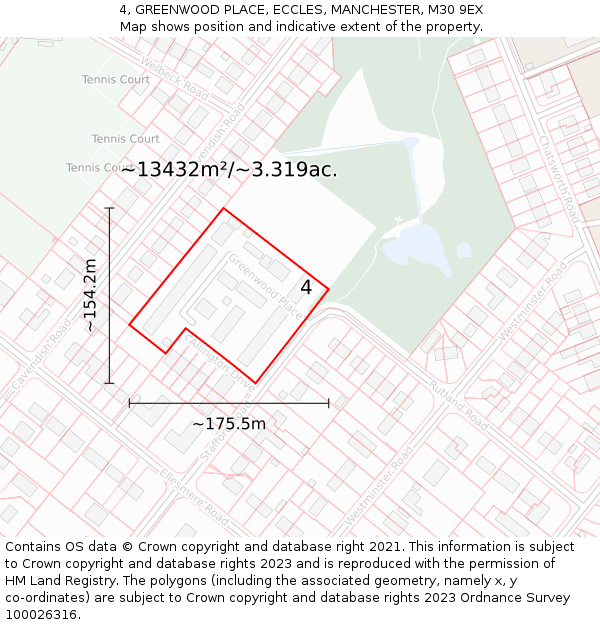 4, GREENWOOD PLACE, ECCLES, MANCHESTER, M30 9EX: Plot and title map