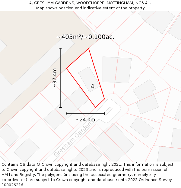 4, GRESHAM GARDENS, WOODTHORPE, NOTTINGHAM, NG5 4LU: Plot and title map