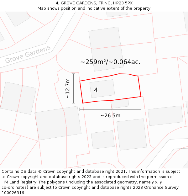 4, GROVE GARDENS, TRING, HP23 5PX: Plot and title map