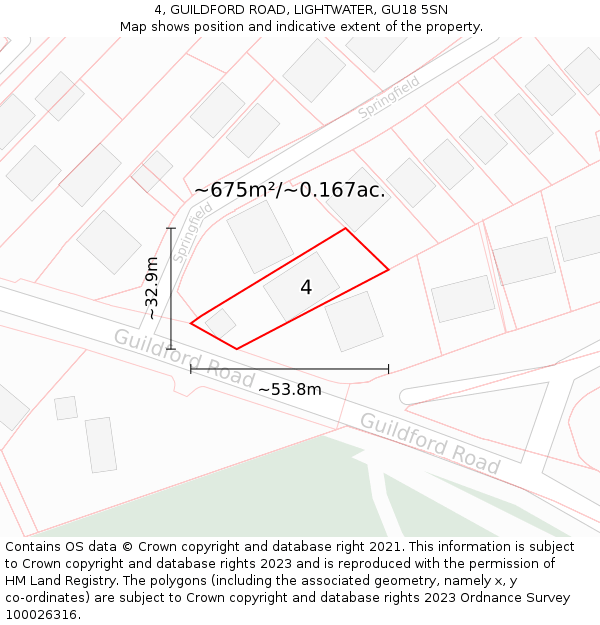 4, GUILDFORD ROAD, LIGHTWATER, GU18 5SN: Plot and title map