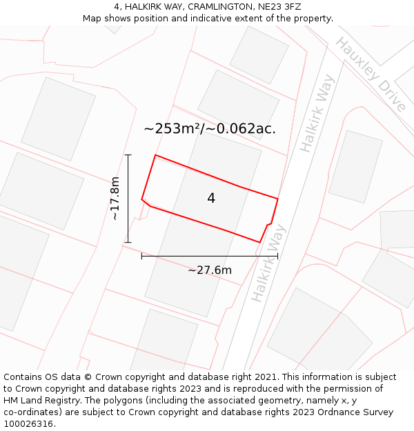 4, HALKIRK WAY, CRAMLINGTON, NE23 3FZ: Plot and title map