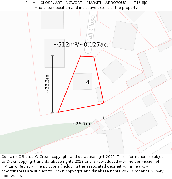 4, HALL CLOSE, ARTHINGWORTH, MARKET HARBOROUGH, LE16 8JS: Plot and title map