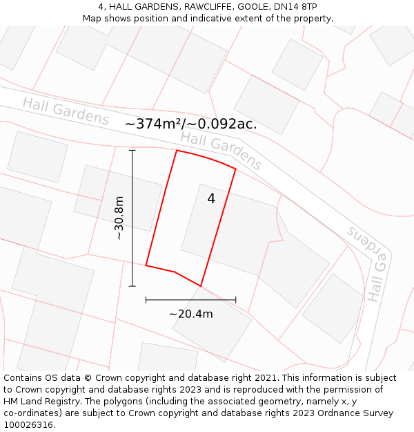 4, HALL GARDENS, RAWCLIFFE, GOOLE, DN14 8TP: Plot and title map