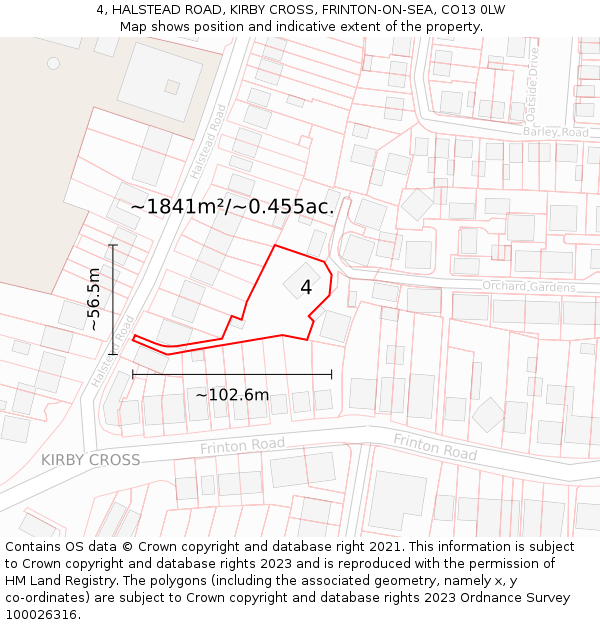 4, HALSTEAD ROAD, KIRBY CROSS, FRINTON-ON-SEA, CO13 0LW: Plot and title map