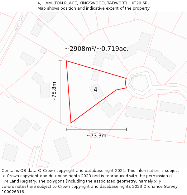 4, HAMILTON PLACE, KINGSWOOD, TADWORTH, KT20 6PU: Plot and title map