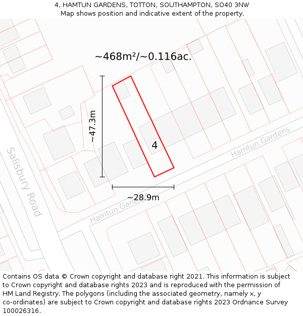 4, HAMTUN GARDENS, TOTTON, SOUTHAMPTON, SO40 3NW: Plot and title map