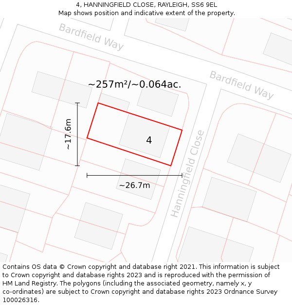 4, HANNINGFIELD CLOSE, RAYLEIGH, SS6 9EL: Plot and title map
