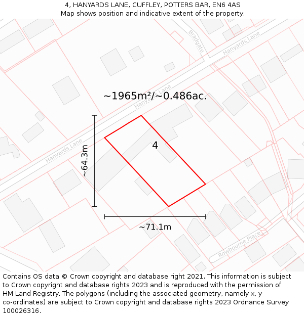 4, HANYARDS LANE, CUFFLEY, POTTERS BAR, EN6 4AS: Plot and title map