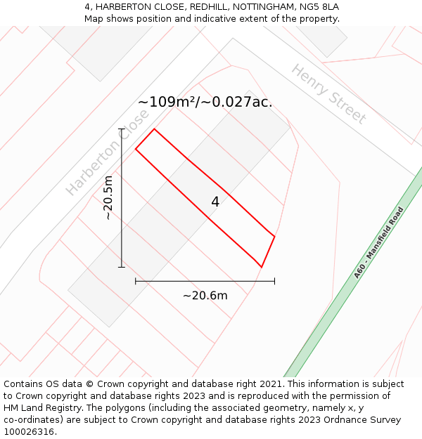 4, HARBERTON CLOSE, REDHILL, NOTTINGHAM, NG5 8LA: Plot and title map