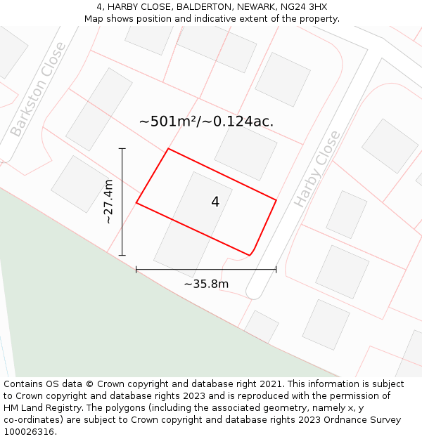 4, HARBY CLOSE, BALDERTON, NEWARK, NG24 3HX: Plot and title map