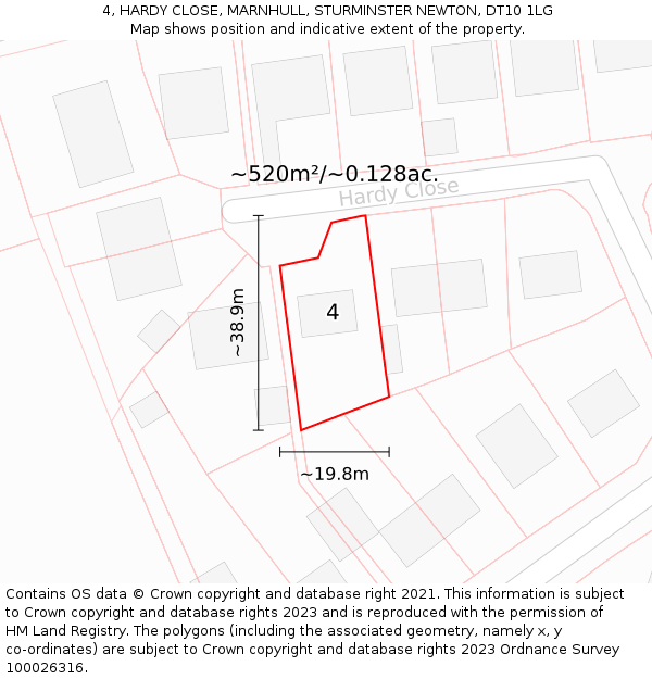 4, HARDY CLOSE, MARNHULL, STURMINSTER NEWTON, DT10 1LG: Plot and title map