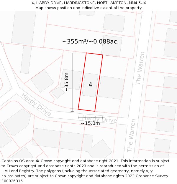 4, HARDY DRIVE, HARDINGSTONE, NORTHAMPTON, NN4 6UX: Plot and title map