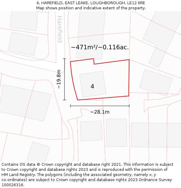 4, HAREFIELD, EAST LEAKE, LOUGHBOROUGH, LE12 6RE: Plot and title map