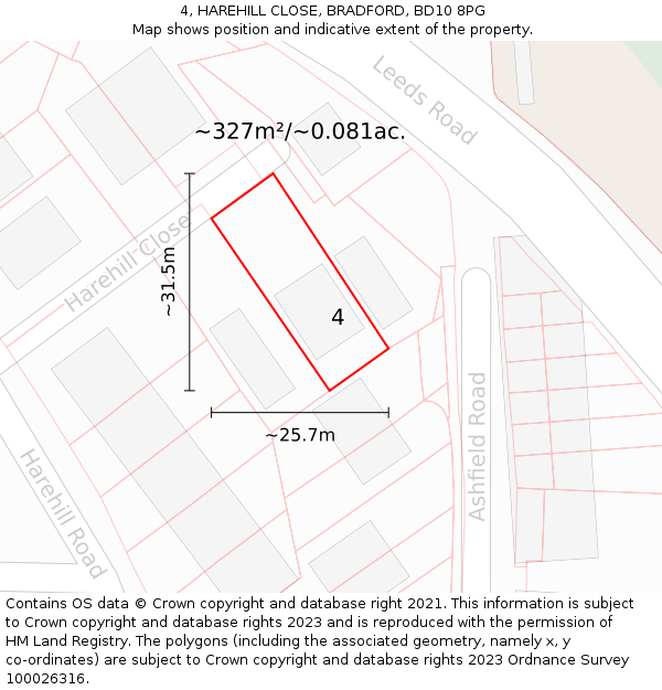 4, HAREHILL CLOSE, BRADFORD, BD10 8PG: Plot and title map