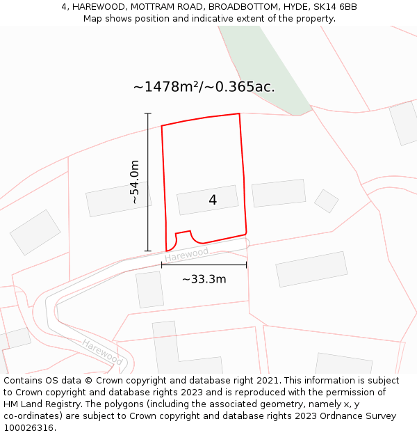 4, HAREWOOD, MOTTRAM ROAD, BROADBOTTOM, HYDE, SK14 6BB: Plot and title map