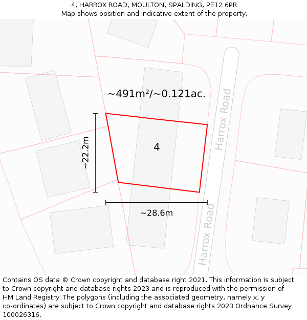 4, HARROX ROAD, MOULTON, SPALDING, PE12 6PR: Plot and title map