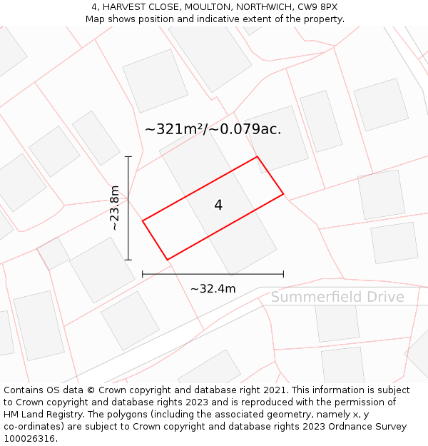 4, HARVEST CLOSE, MOULTON, NORTHWICH, CW9 8PX: Plot and title map