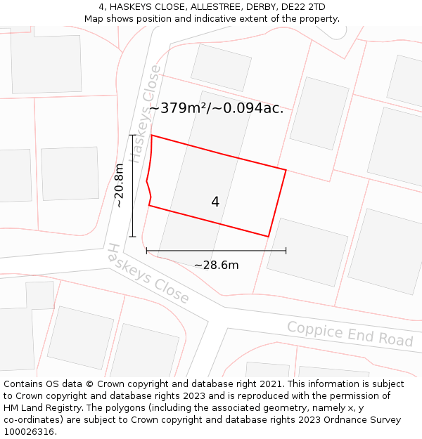 4, HASKEYS CLOSE, ALLESTREE, DERBY, DE22 2TD: Plot and title map