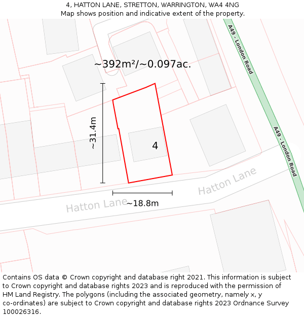 4, HATTON LANE, STRETTON, WARRINGTON, WA4 4NG: Plot and title map