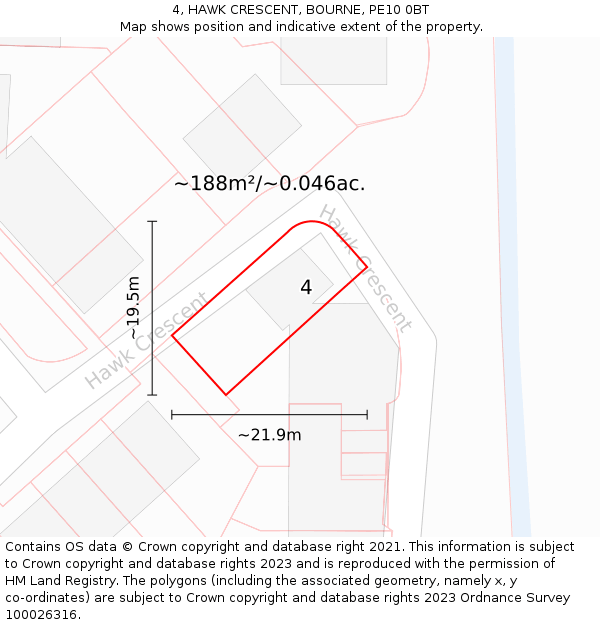 4, HAWK CRESCENT, BOURNE, PE10 0BT: Plot and title map