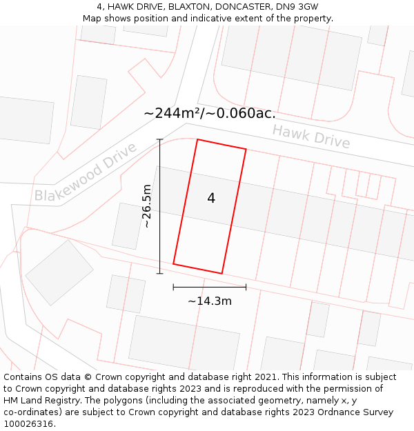 4, HAWK DRIVE, BLAXTON, DONCASTER, DN9 3GW: Plot and title map