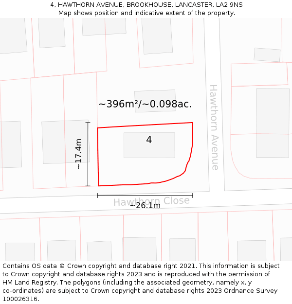 4, HAWTHORN AVENUE, BROOKHOUSE, LANCASTER, LA2 9NS: Plot and title map