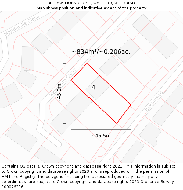 4, HAWTHORN CLOSE, WATFORD, WD17 4SB: Plot and title map