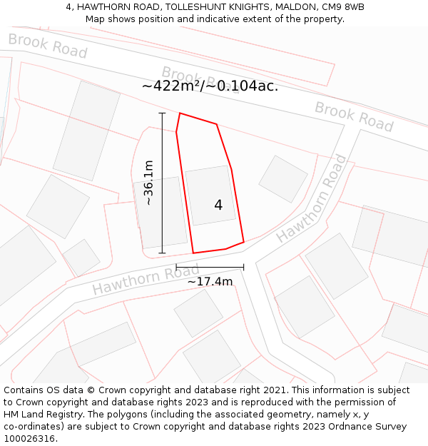 4, HAWTHORN ROAD, TOLLESHUNT KNIGHTS, MALDON, CM9 8WB: Plot and title map