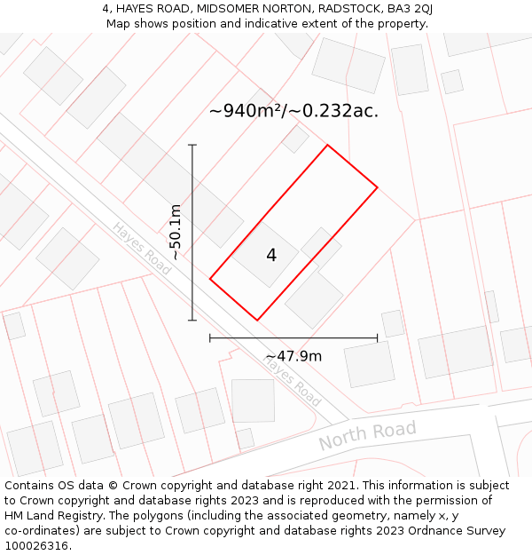 4, HAYES ROAD, MIDSOMER NORTON, RADSTOCK, BA3 2QJ: Plot and title map