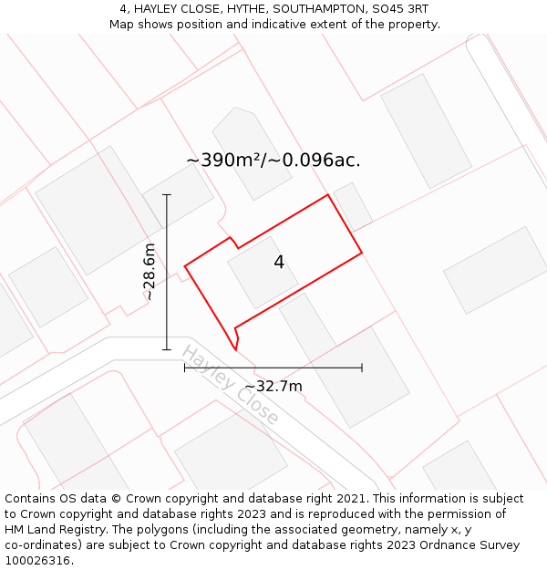 4, HAYLEY CLOSE, HYTHE, SOUTHAMPTON, SO45 3RT: Plot and title map