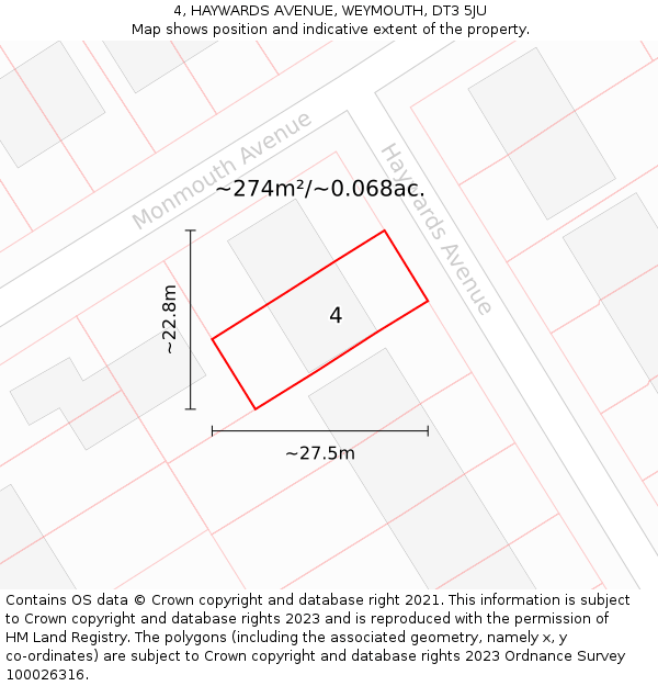 4, HAYWARDS AVENUE, WEYMOUTH, DT3 5JU: Plot and title map