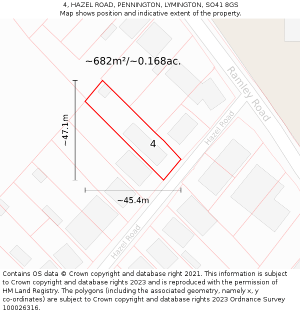 4, HAZEL ROAD, PENNINGTON, LYMINGTON, SO41 8GS: Plot and title map