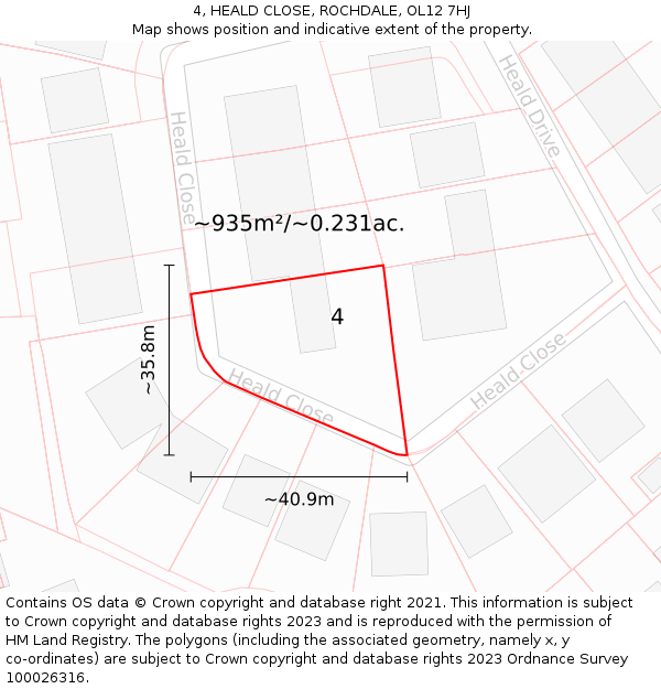 4, HEALD CLOSE, ROCHDALE, OL12 7HJ: Plot and title map