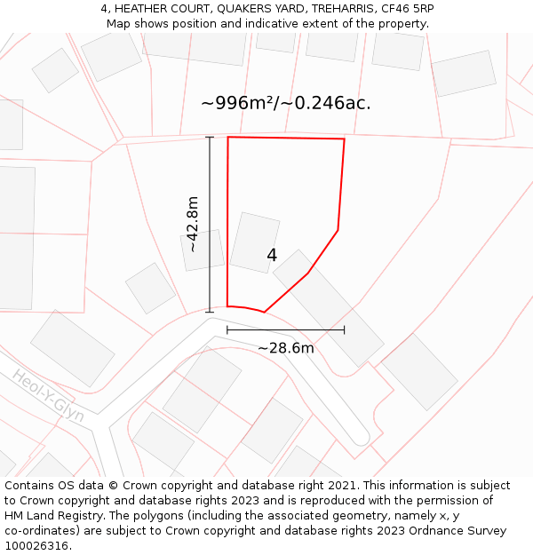 4, HEATHER COURT, QUAKERS YARD, TREHARRIS, CF46 5RP: Plot and title map